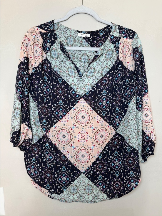 Pleione Tops - Pleione Women's Patchwork Print 3/4 Sleeve Blouse, Size Small